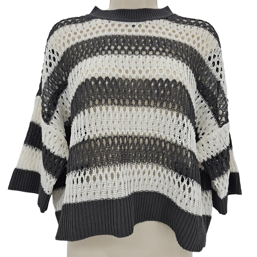 Madewell Womans size L Relaxed Open Stitch Sweater Tee Gray White Stripe NEW